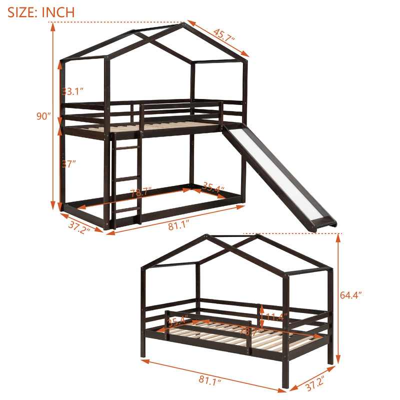 Twin Over Twin Bunk Bed with Roof, Slide and Ladder, Espresso