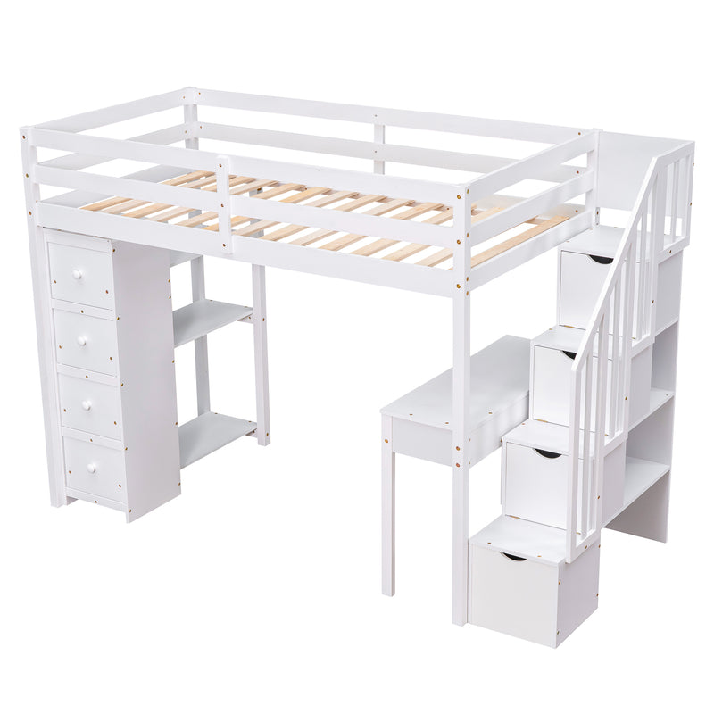 Twin size Loft Bed with Storage Drawers ,Desk and Stairs, Wooden Loft Bed with Shelves - White