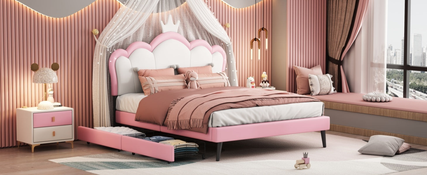 Full Size Princess Bed With Crown Headboard and 2 Drawers, Full size Platform Bed with Headboard and Footboard,White+Pink