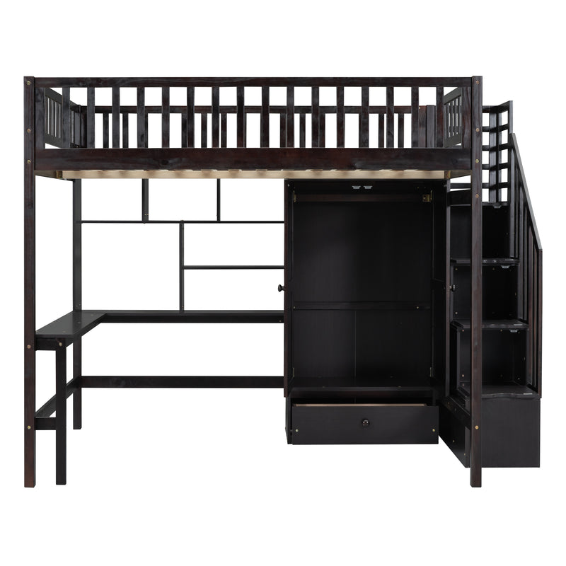 Full size Loft Bed with Bookshelf,Drawers,Desk,and Wardrobe-Espresso