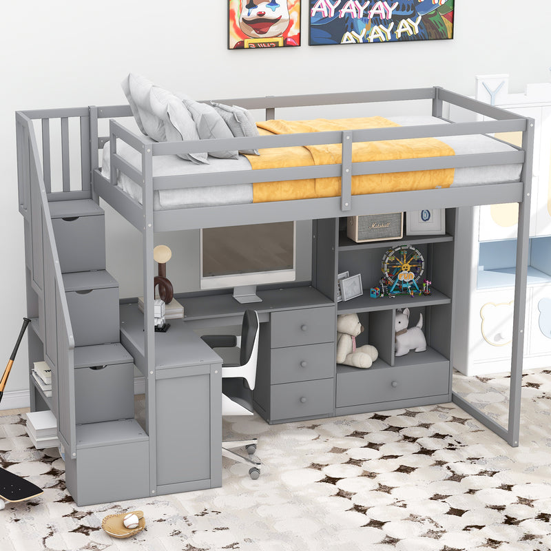 Twin Size Loft Bed with L-Shaped Desk and Drawers, Cabinet and Storage Staircase, Gray