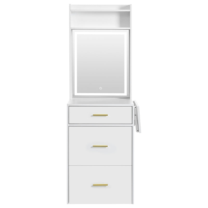 Small Vanity Desk With Mirror And Light, Dressing Table With Charging Station & Fold Up Panel For Small Space, Compact Makeup Vanity Set With Hidden Stool For Bedroom - White