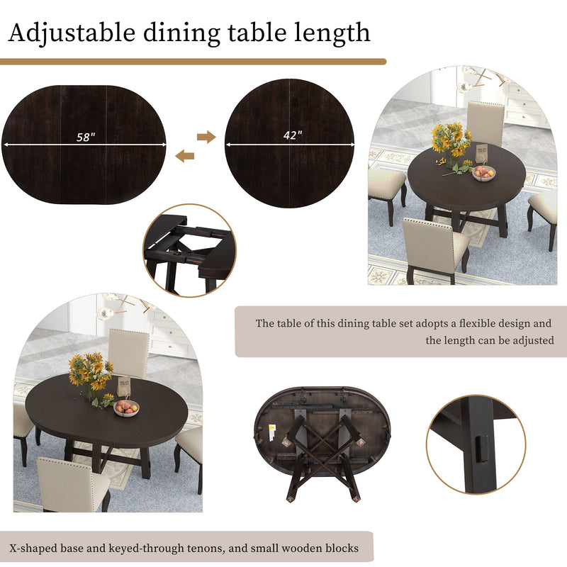 Farmhouse Dining Table Set Wood Round Extendable Dining Table And Upholstered Dining Chairs