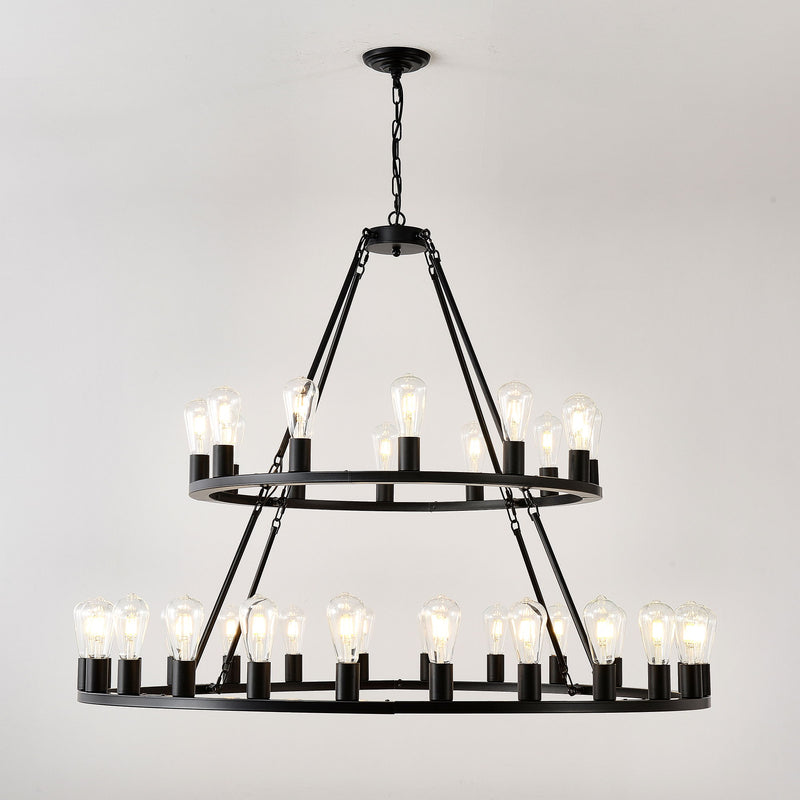 Extra Large Wagon Wheel Chandelier, 2 Tier 36 Lights (No Include) Farmhouse Industrial Round High Ceiling Pendant Light Adjustable Chain, For Dining Room, Living Room, Kitchen - Black