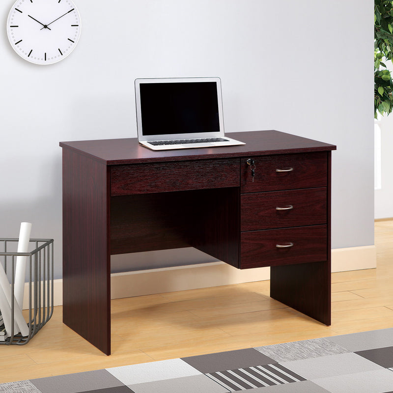 Three Locking Drawers On Metal Glides Student Desk Work Desk Modesty Panel Metal Bar Handles - Mahogany