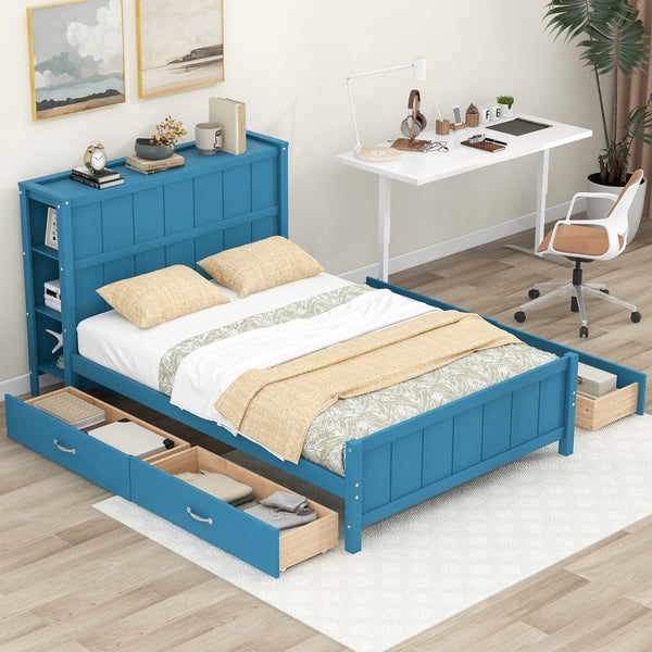 Full Size Platform Bed with Drawers and Storage Shelves, Blue