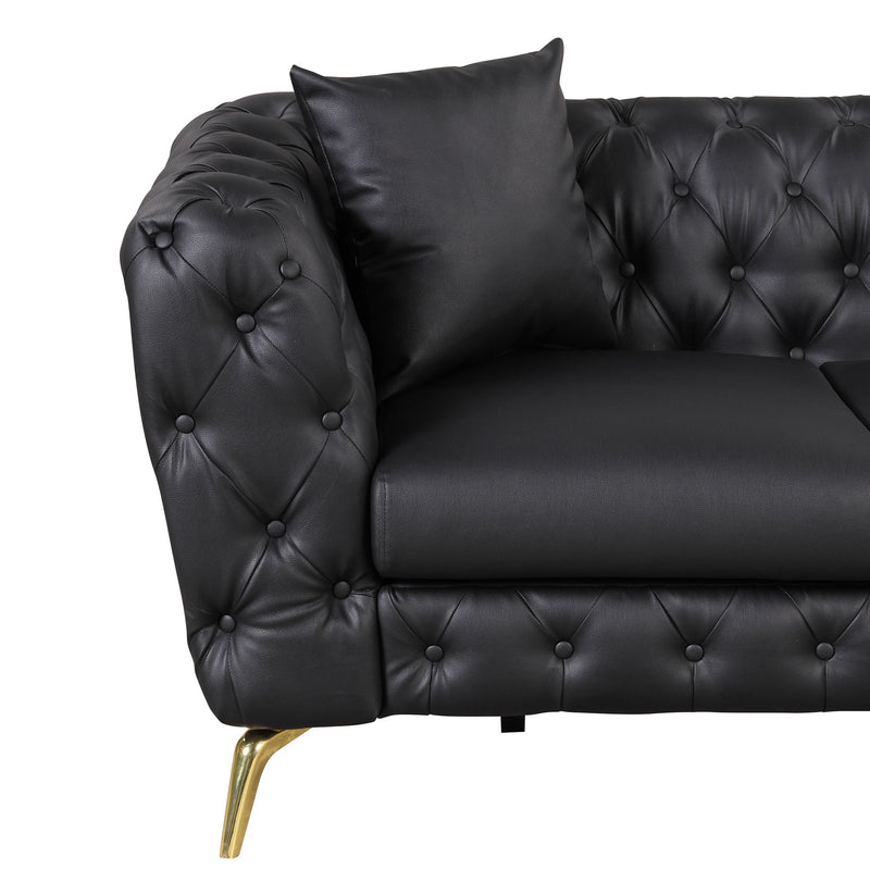 Modern Sofa Couch PU Upholstered Sofa With Sturdy Metal Legs, Button Tufted Back, 3 Seater Sofa Couch For Living Room, Apartment, Home Office - Black