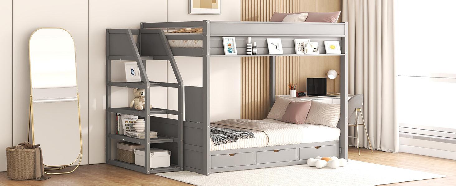 Wood Full Size Convertible Bunk Bed with Storage Staircase, Bedside Table, and 3 Drawers, Gray - Atlantic Fine Furniture Melbourne FL