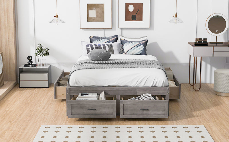 Full Size Platform Bed with 6 Storage Drawers,Antique Gray