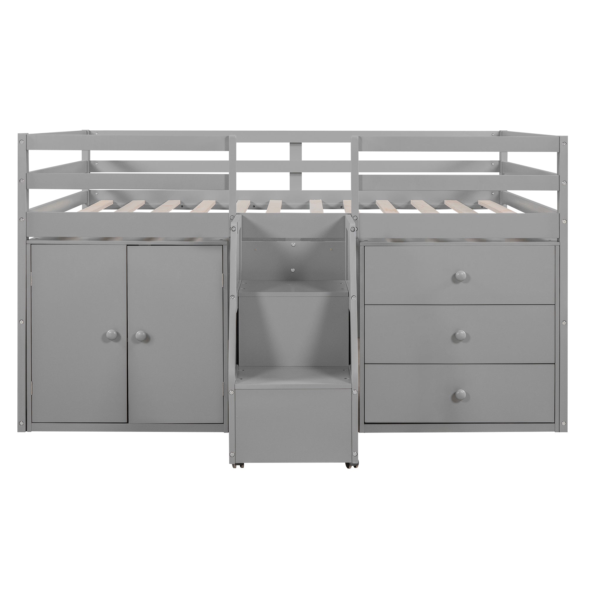 Full Size Functional Loft Bed with Cabinets and Drawers, Hanging Clothes at the back of the Staircase, Gray - Atlantic Fine Furniture Melbourne FL