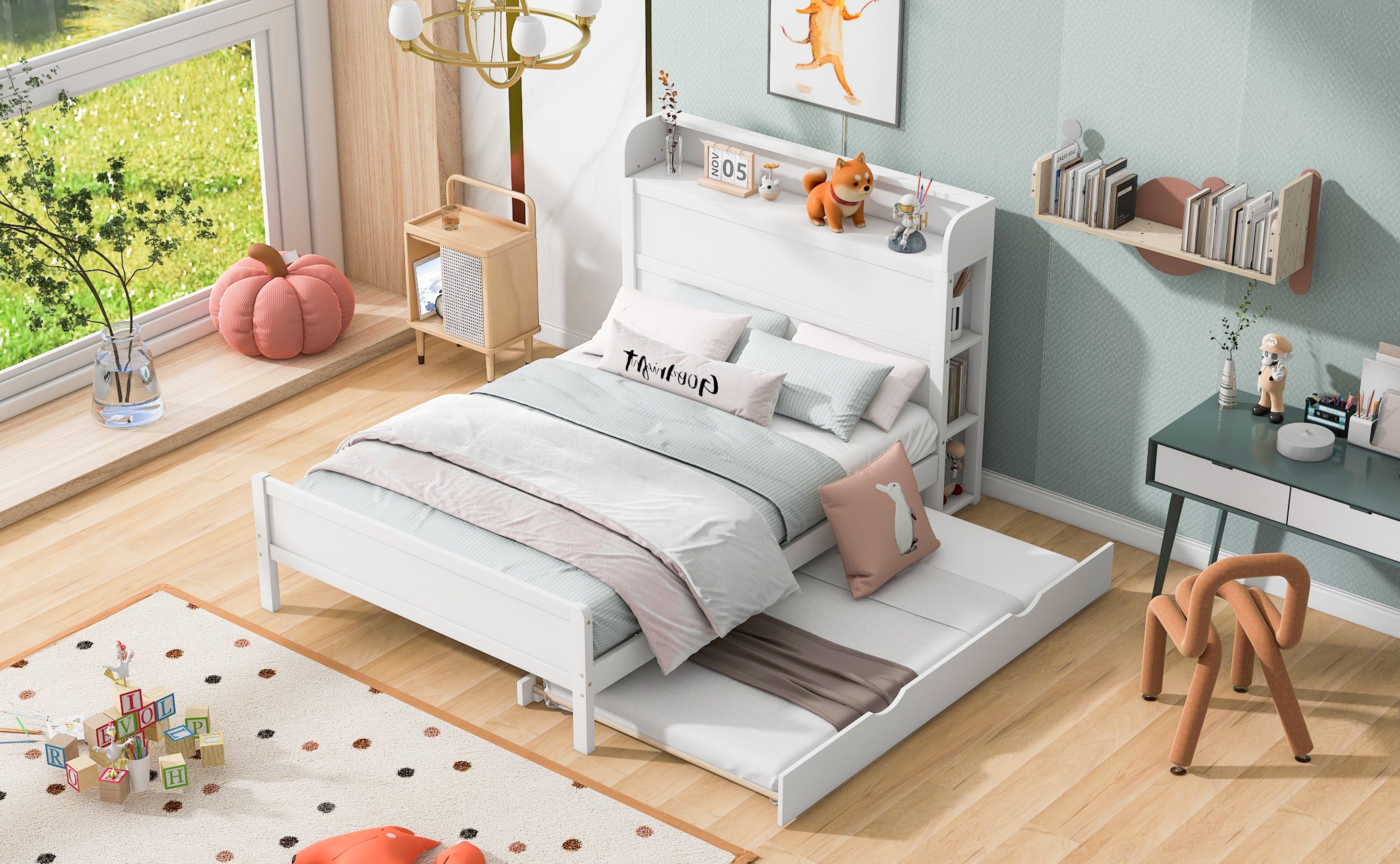 Full Size Platform Bed with Storage Headboard and Twin Size Trundle, White - Atlantic Fine Furniture Melbourne FL