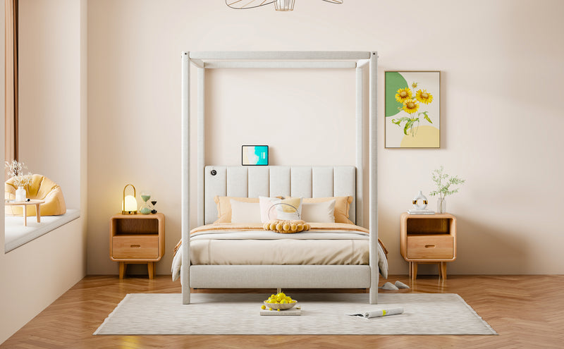Full Size Canopy Platform Bed with USB and Type-C Ports, Canvas, Beige