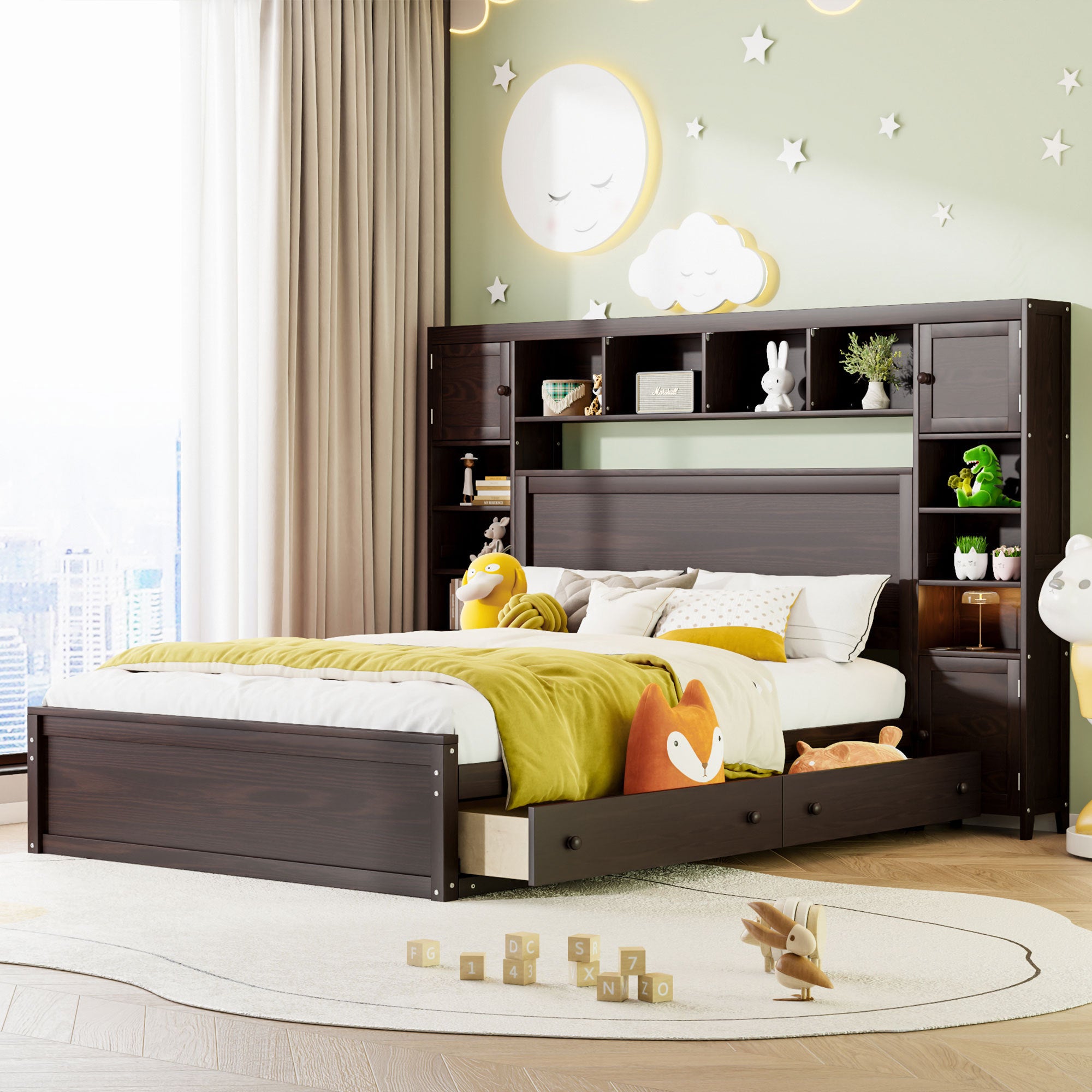Queen Size Wooden Bed With All-in-One Cabinet, Shelf and Sockets, Espresso - Atlantic Fine Furniture Melbourne FL
