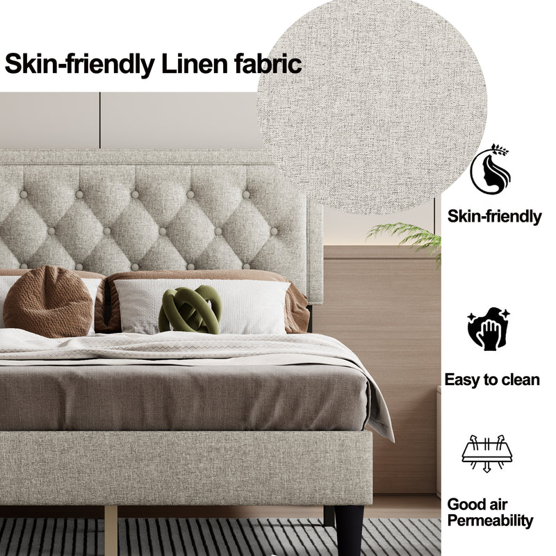 Queen size Panel Bed Frame with Adjustable Button-Tufted Headboard for Bedroom/Linen Upholstered/Wood Slat Support/Easy Assembly,Linen Beige