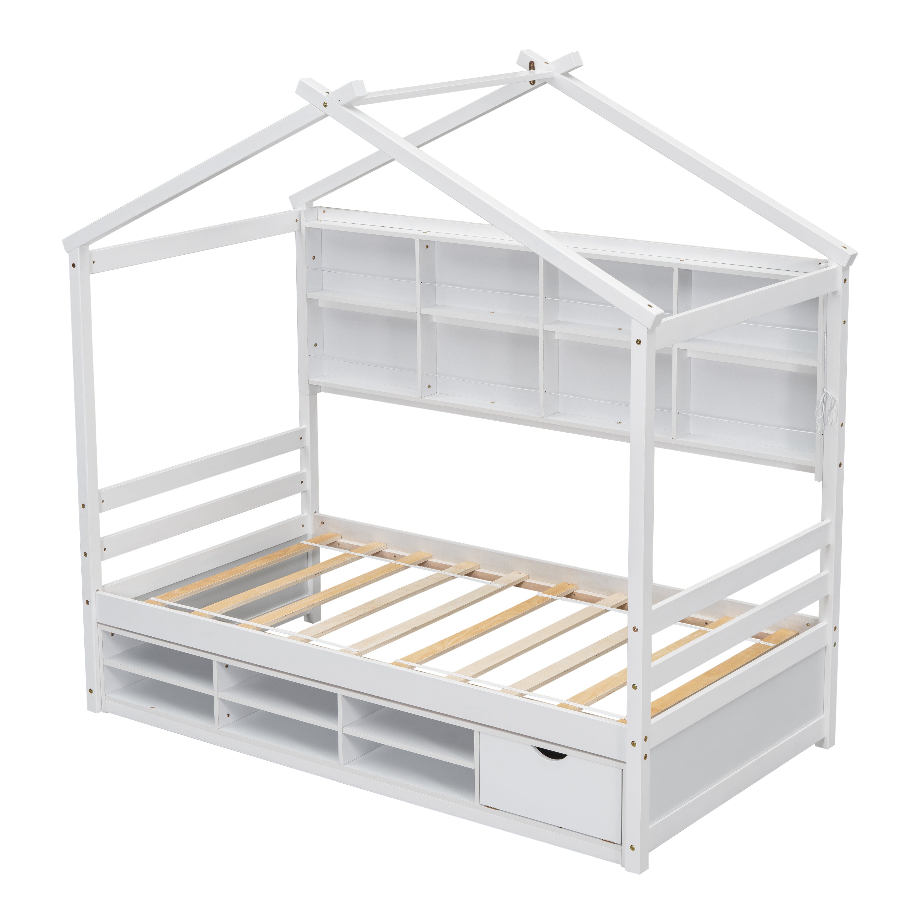 Twin House Bed with Roof Frame, Bedside-shelves, Under Bed Storage Unit,White - Atlantic Fine Furniture Melbourne FL