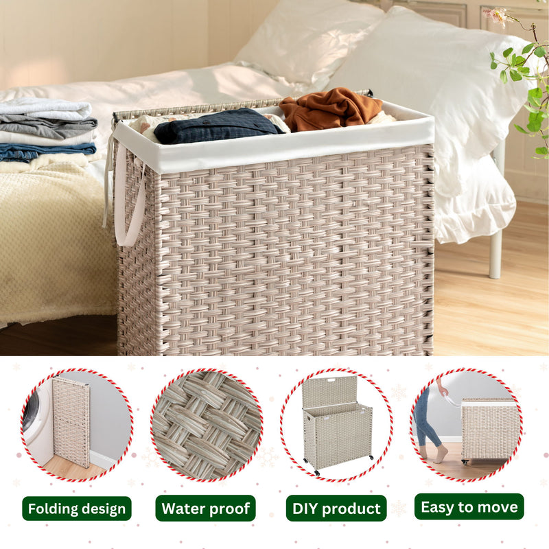 Laundry Hamper With Lid PE Rattan Powder Coating Frame Clothes Hampers With 2 Removable Bags