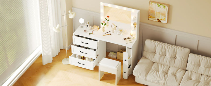 Vanity Desk With Freely Adjustable Side Cabinet, Makeup Vanity With Hollywood Lights, 5 Storage Drawers & 2-Shelves, Modern Dressing Table - White