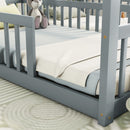 Double Twin House-Style Floor Bed with Fence, Guardrails, without door, Grey
