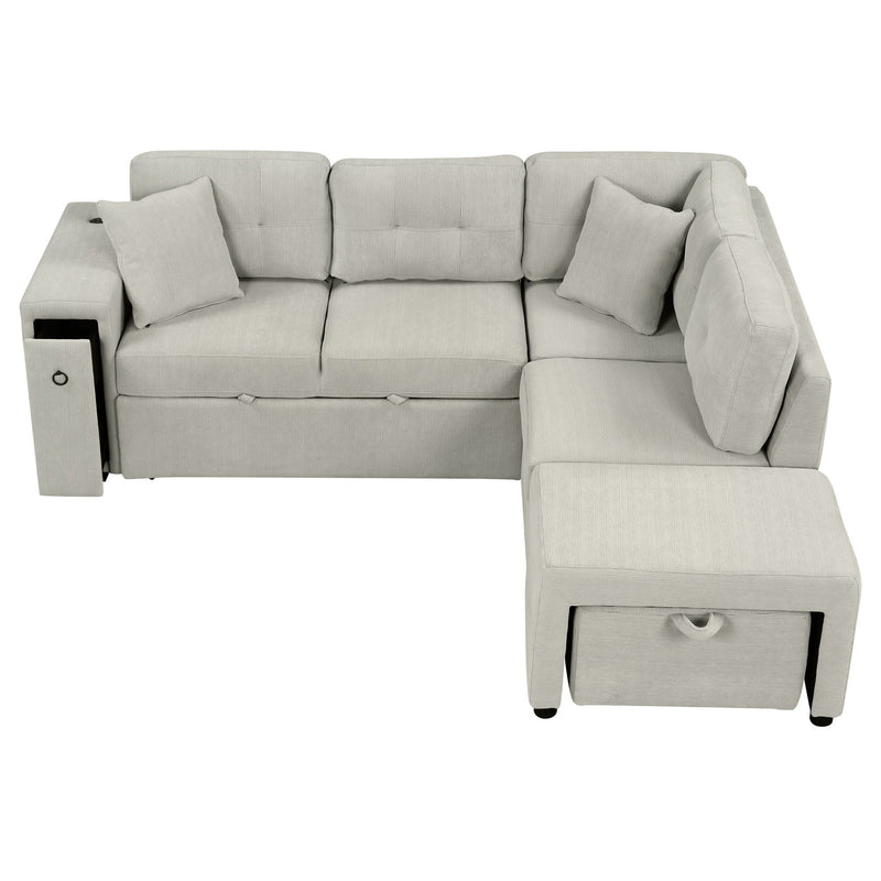 Sectional Sofa L-Shaped Sofa Couch Pull-Out Sofa Bed With A Movable Ottoman, Two USB Ports And Two Cup Holders For Living Room