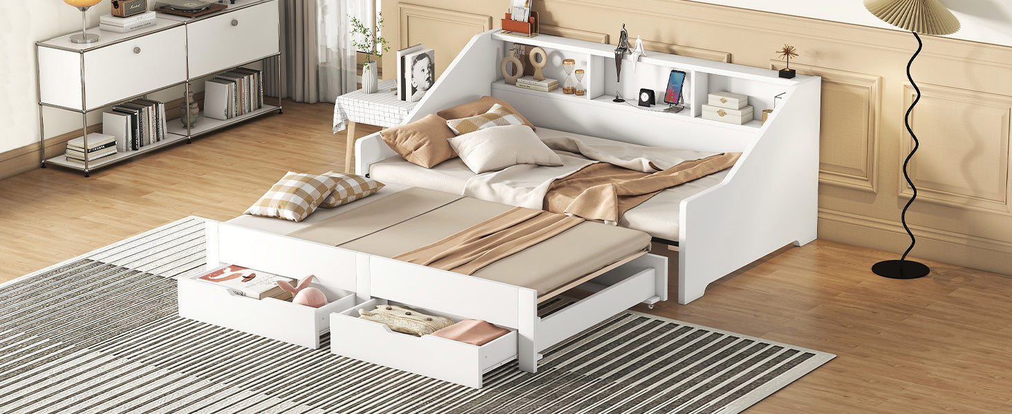 Twin to King Size Daybed Frame with Storage Bookcases and Two Drawers,Charging Design,White - Atlantic Fine Furniture Melbourne FL