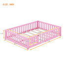 Full Size Bed Floor Bed with Safety Guardrails and Door for Kids, Pink