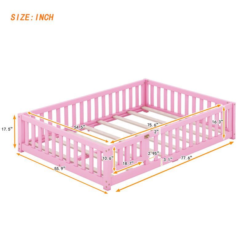 Full Size Bed Floor Bed with Safety Guardrails and Door for Kids, Pink