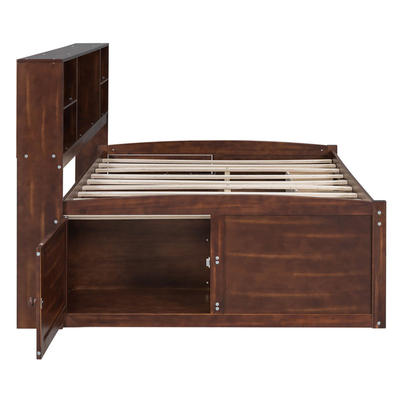 Full Size Captain Bed With Built In Storage Shelves, 4 Drawers And 2 Cabinets - Antique Brown