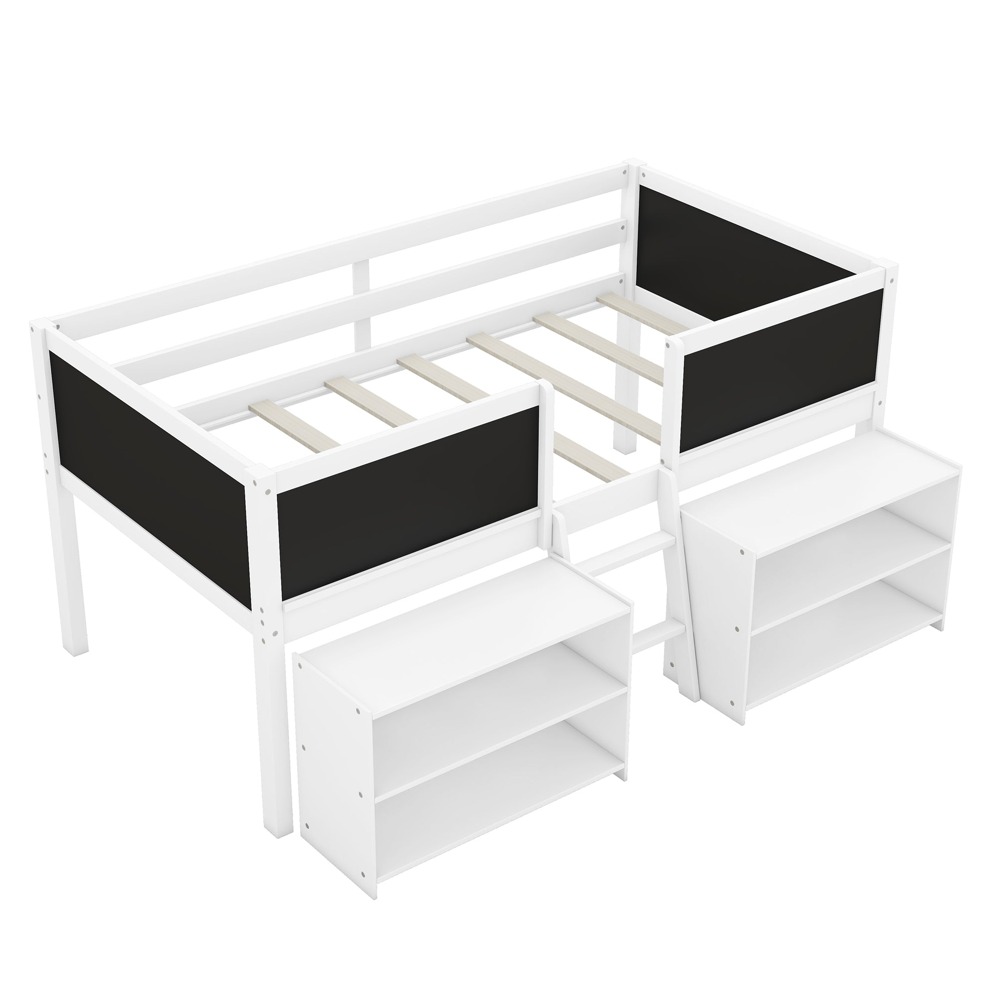 Twin Size Low Loft Bed with Two Movable Shelves and Ladder,with Decorative Guardrail Chalkboard,White(Old SKU: WF283286AAK) - Atlantic Fine Furniture Melbourne FL