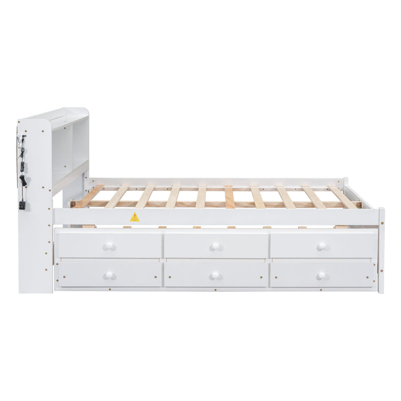 Bed With USB & Type-C Ports, LED Light, Bookcase Headboard, Trundle And 3 Storage Drawers, Bed With Bookcase Headboard, Trundle And Storage Drawers