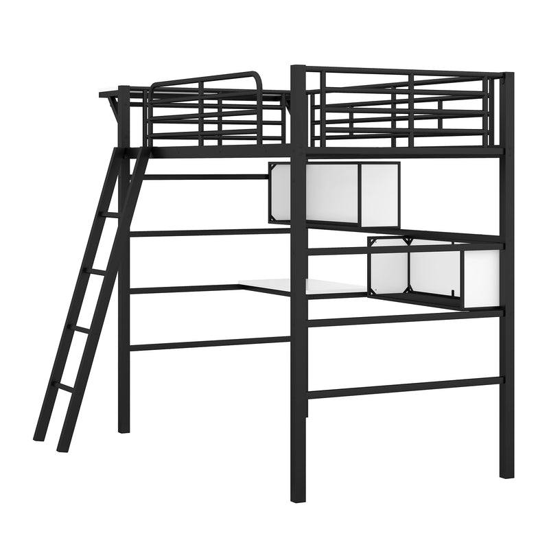 Twin Size Metal Loft Bed with 2 Shelves, a desk and a Hanging Clothes Rack, Black and White