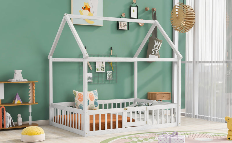 Full Size Wood House Bed with Fence and Door, White Wash
