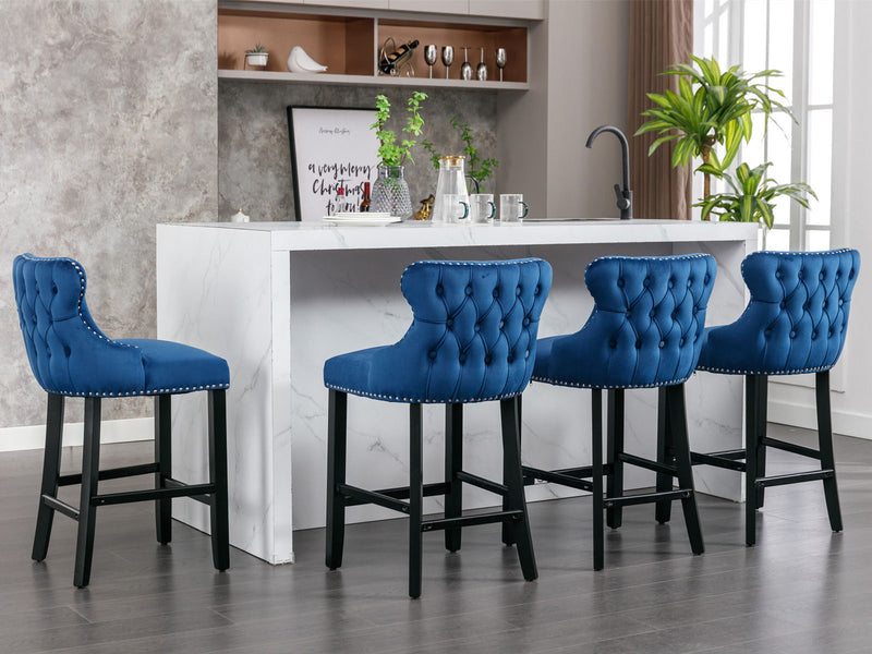 Contemporary Velvet Upholstered Wing-Back Barstools With Button Tufted Decoration And Wooden Legs, And Chrome Nailhead Trim, Leisure Style Bar Chairs, Bar Stools (Set of 2)