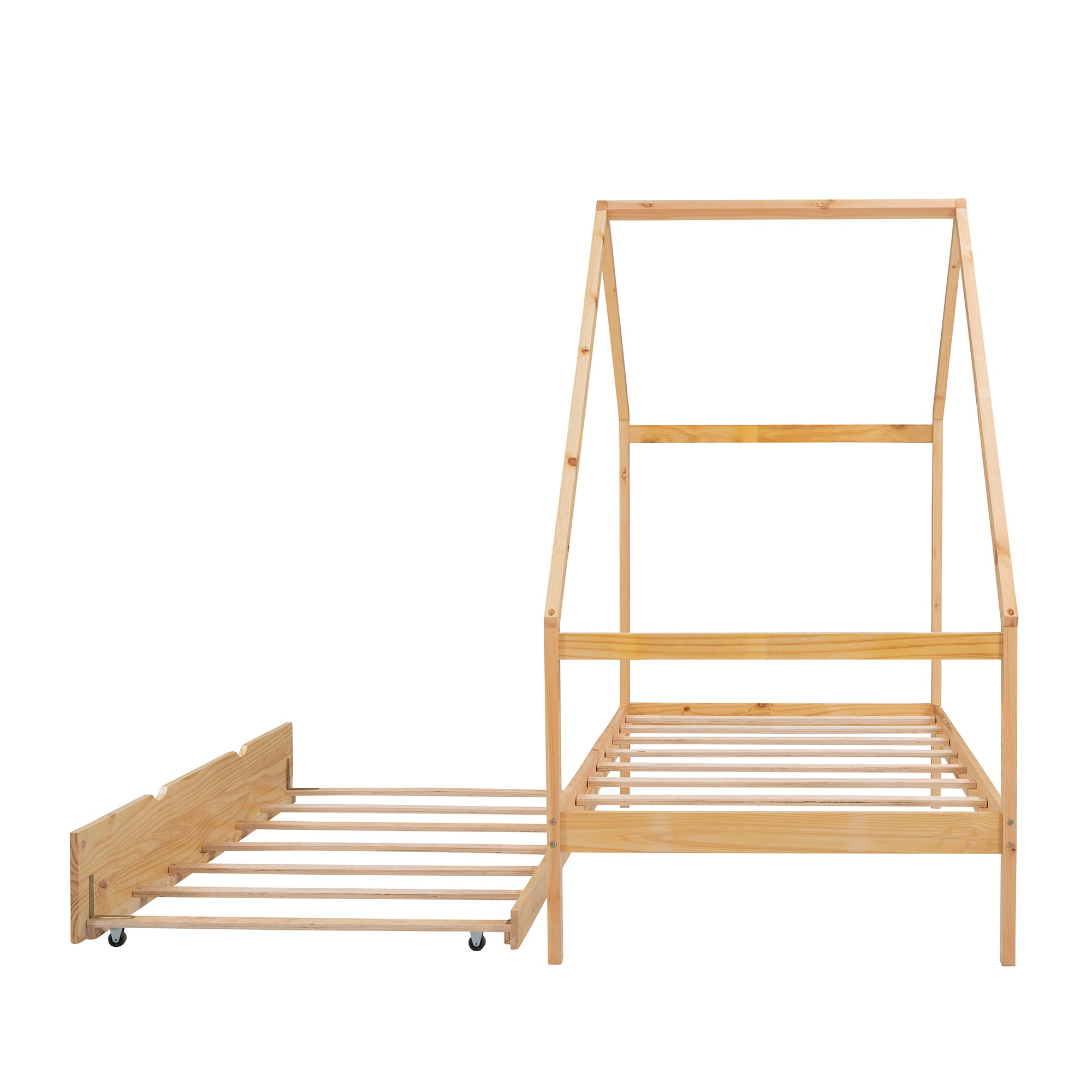 Twin Size Wooden House Bed With Twin Size Trundle, Natural - Atlantic Fine Furniture Melbourne FL