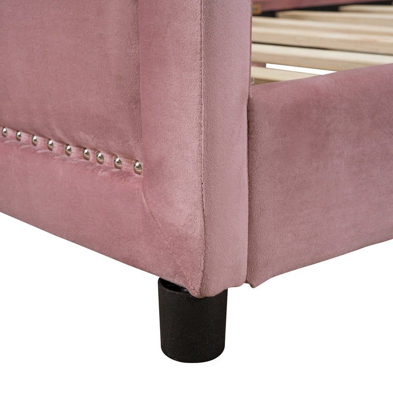 Twin Size Upholstered Daybed with Classic Stripe Shaped  Headboard, Pink