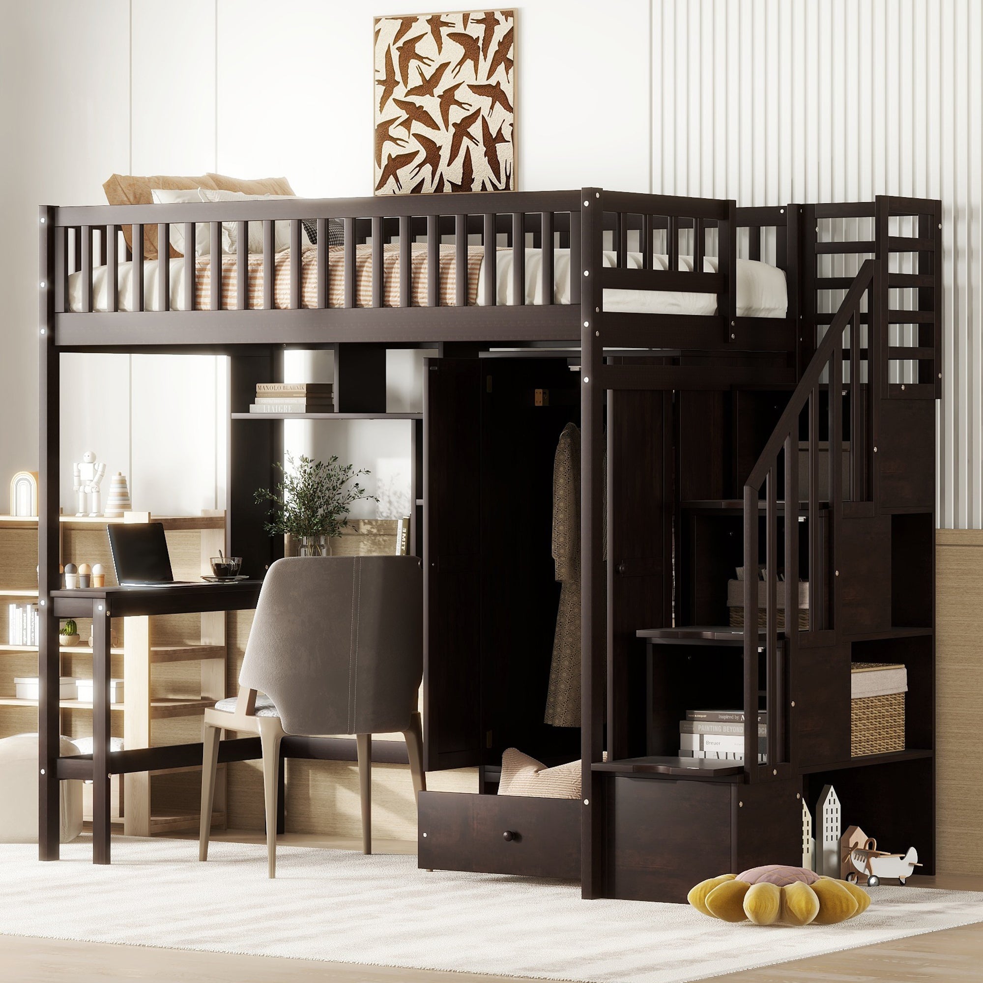 Twin size Loft Bed with Bookshelf,Drawers,Desk,and Wardrobe-Espresso - Atlantic Fine Furniture Melbourne FL