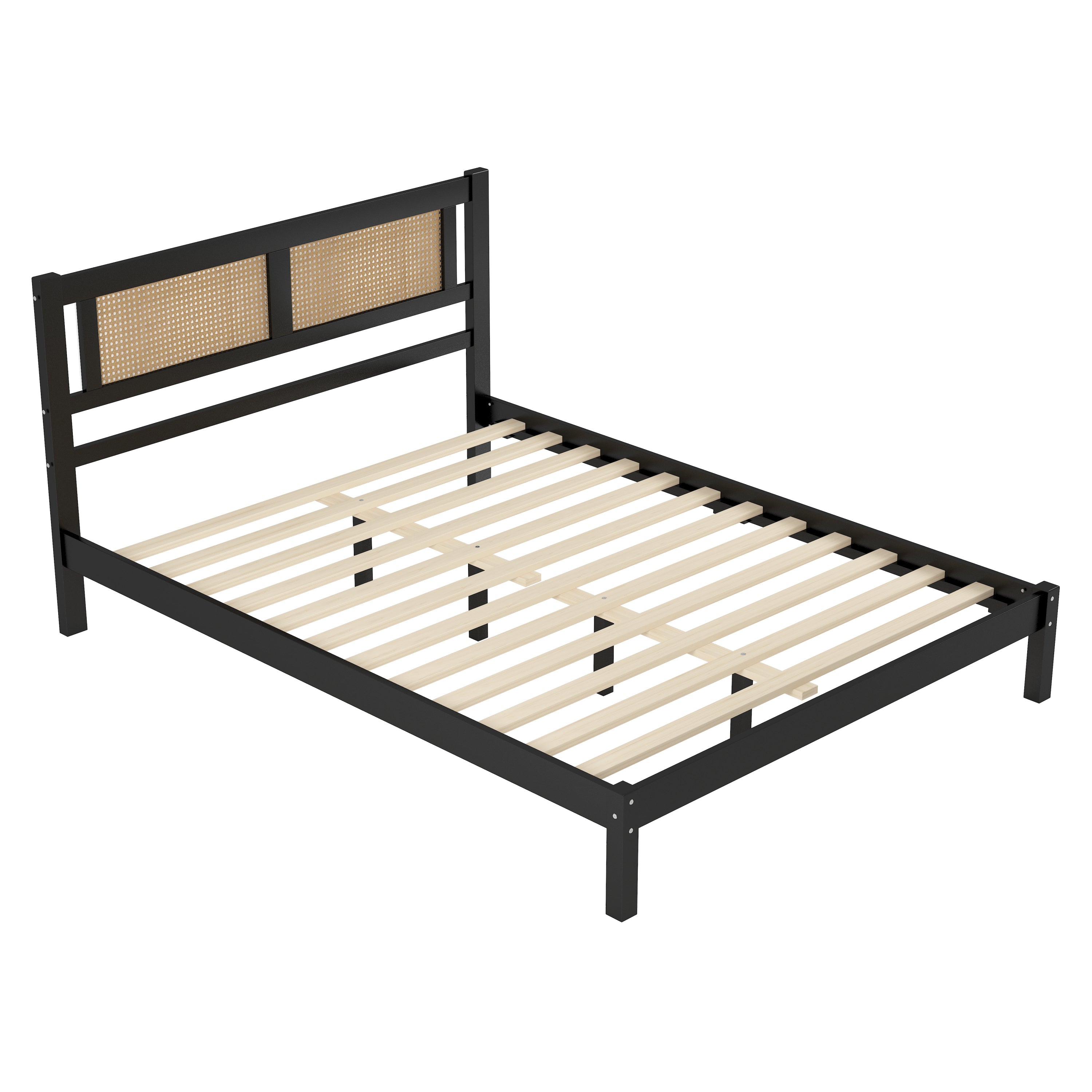 Queen Size Wooden Platform Bed with Natural Rattan Headboard, Exquisite Elegance with Minimalist Charm for Bedroom, Black - Atlantic Fine Furniture Melbourne FL