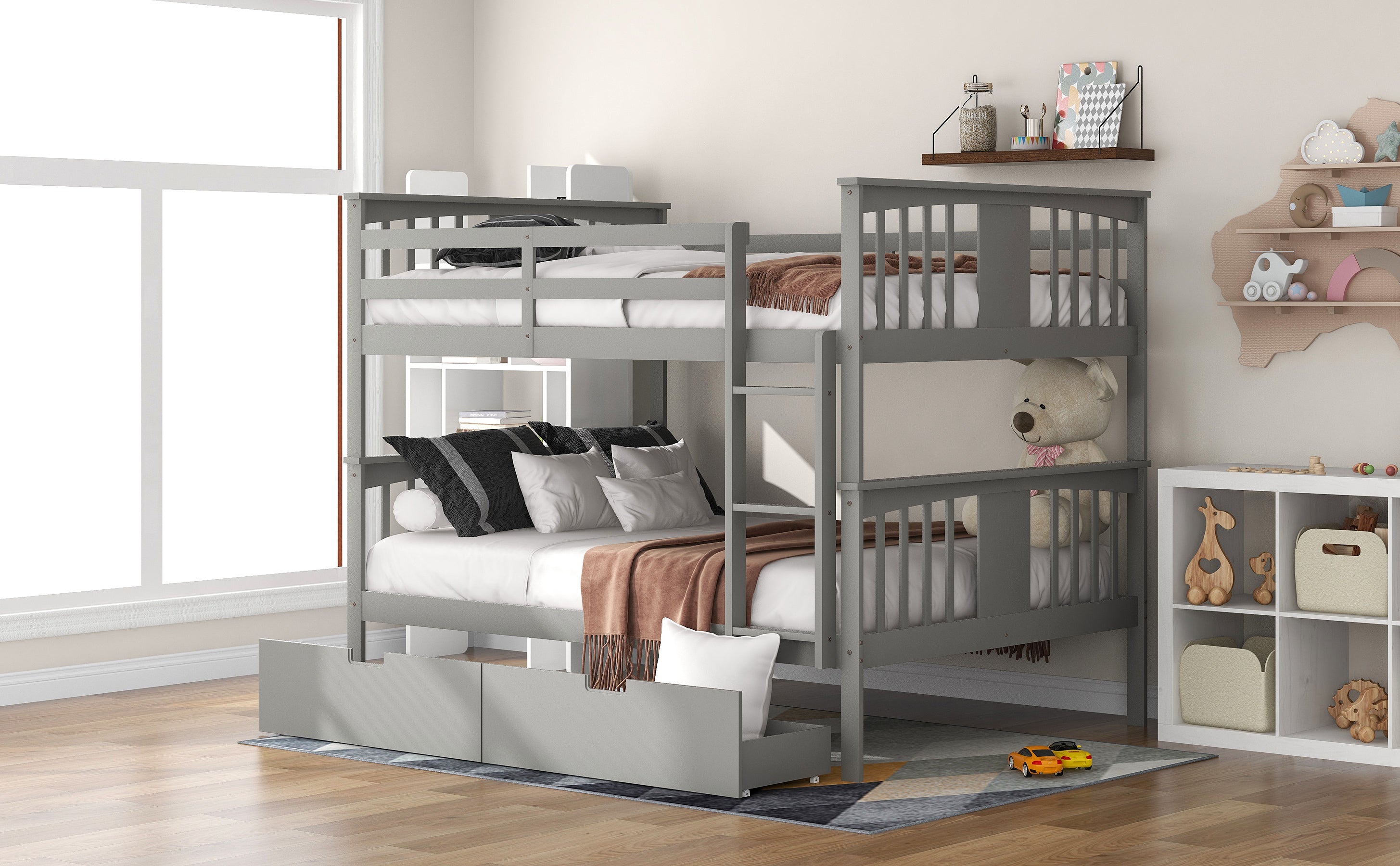 Full over Full Bunk Bed with Drawers and Ladder for Bedroom, Guest Room Furniture-Gray(OLD SKU :LP000205AAE) - Atlantic Fine Furniture Melbourne FL