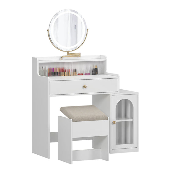 White Vanity Desk With 360° Rotated Mirror And Adjustable Lights, Girls Makeup Vanity Table With Storage Chair And Side Cabinet - Antique White