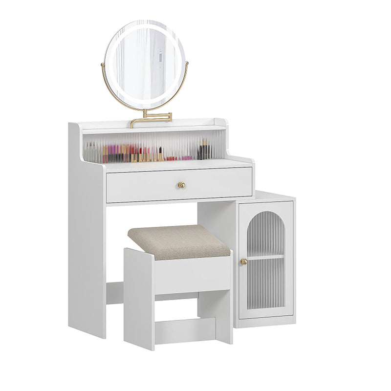 White Vanity Desk With 360° Rotated Mirror And Adjustable Lights, Girls Makeup Vanity Table With Storage Chair And Side Cabinet - Antique White