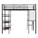 Loft Metal Bed With 3 Layers Of Shelves And Desk, Stylish Metal Frame Bed With Whiteboard