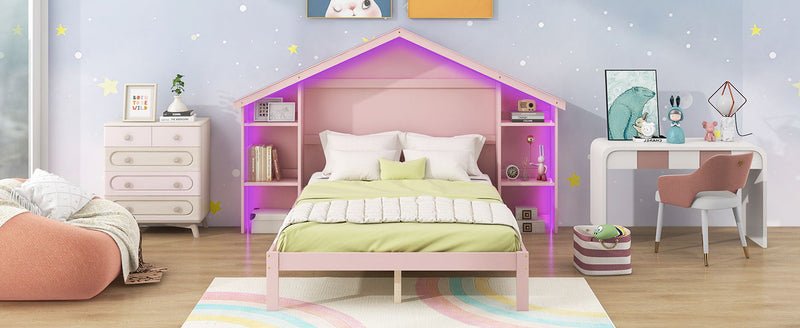 Wood Full Size Platform Bed With House Shaped Storage Headboard And Built-In LED , Pink