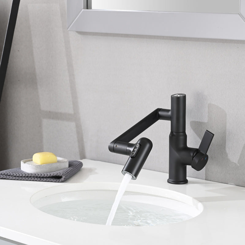 Modern Brass Bathroom Sink Faucet With Spray Function, Temperature Display & 360 Degree Rotary - Matte Black