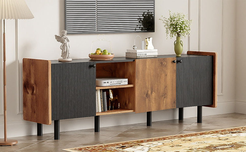 Mid Century TV Stand With 3 Cabinets, Media Console Table For Tvs Up To 70'', Entertainment Center With Storage For Living Room - Black / Brown