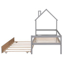 Twin House Wooden Daybed with trundle, Twin House-Shaped Headboard  bed with Guardrails,Grey