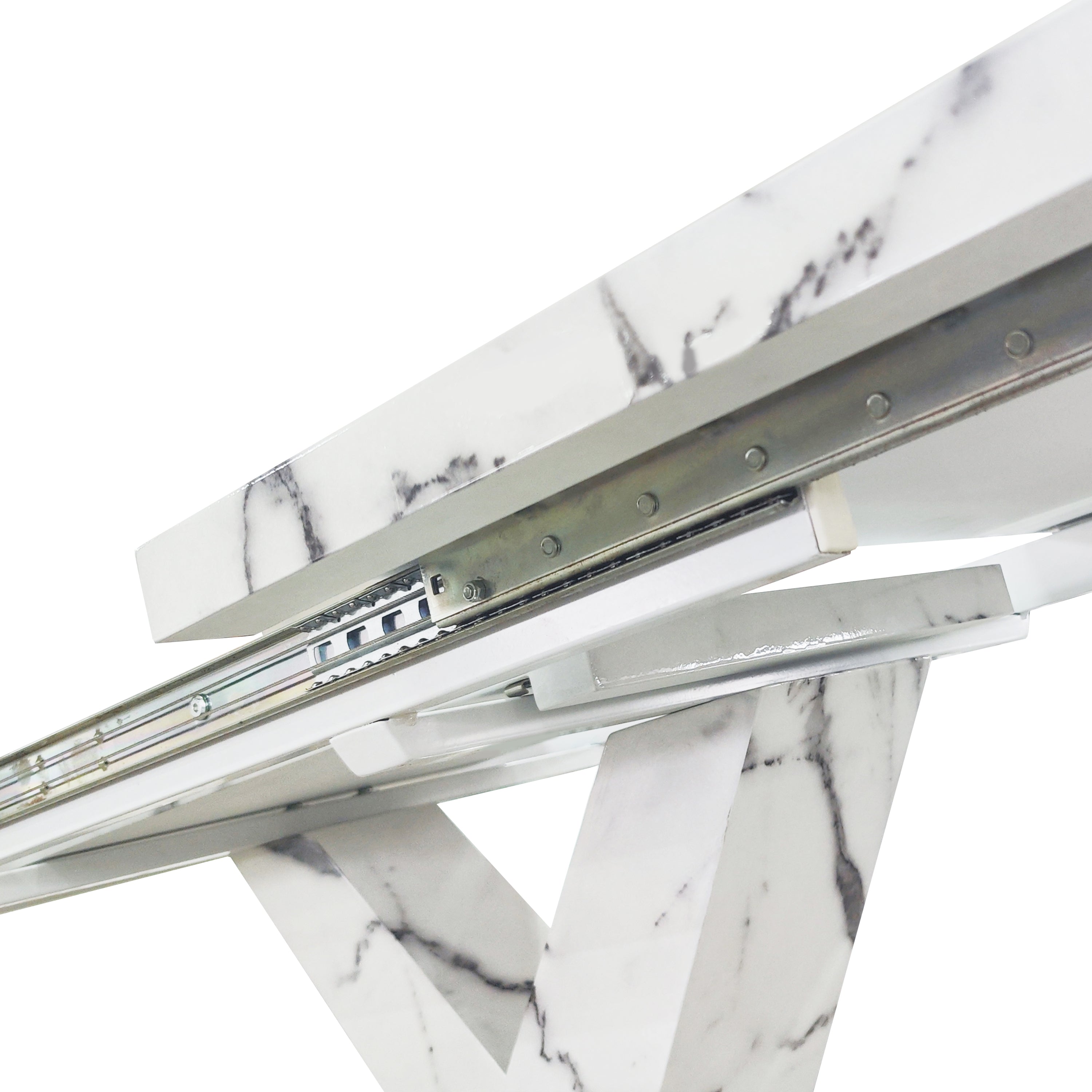 Modern Square Dining Table, Stretchable, with Printed White Marble Table Top+MDF X-Shape Table Leg with Metal Base