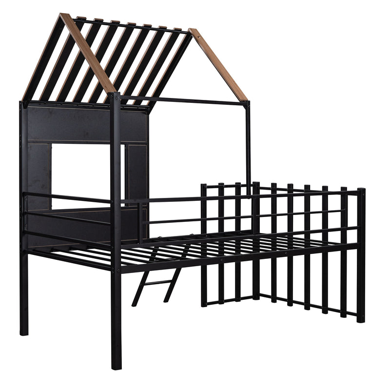 Twin Size Loft Bed With Roof, Window, Guardrail, Ladder