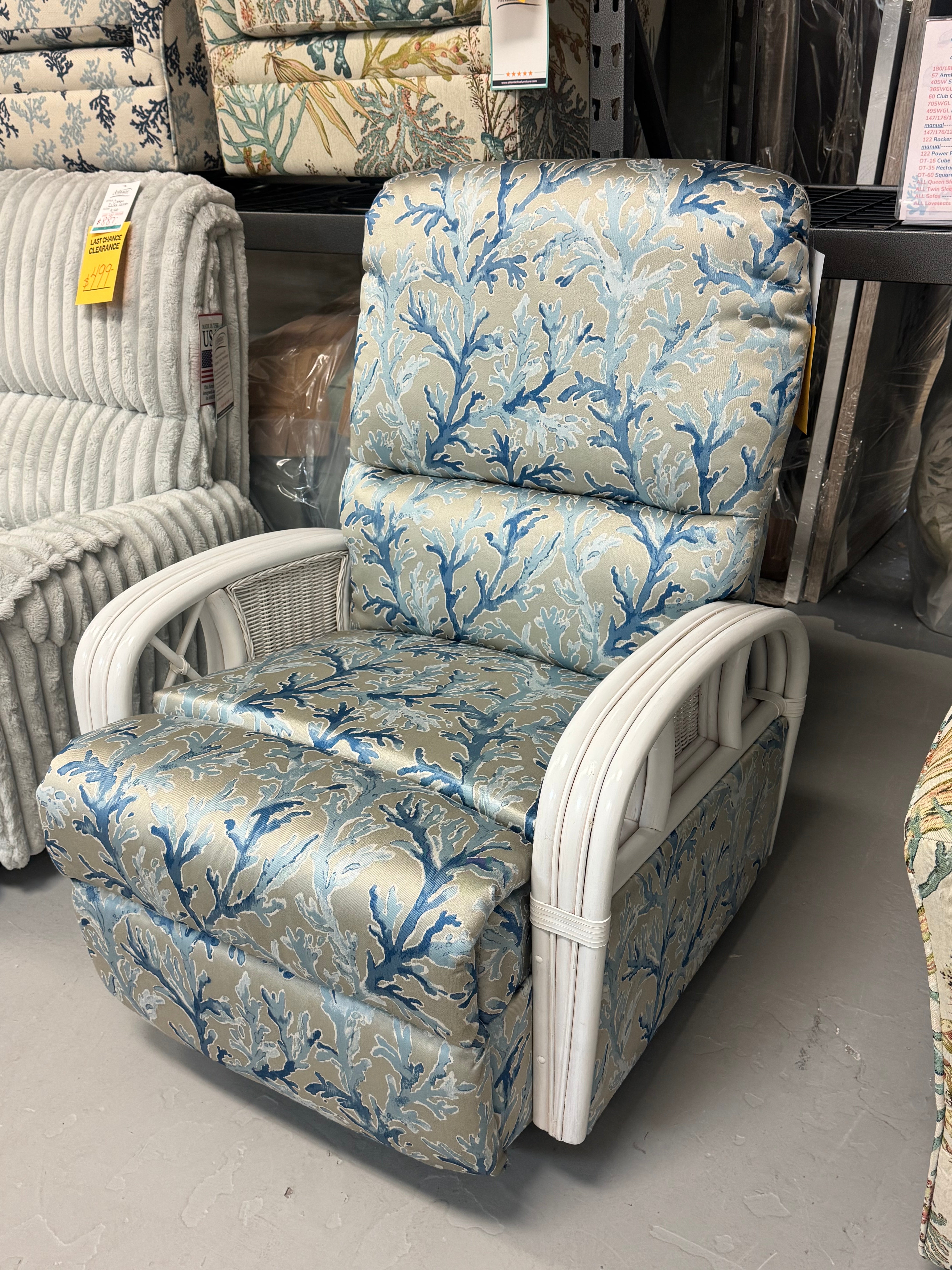 Custom Swivel Glider Manual Recliner w/White Rattan Arms *RAM BLUE FABRIC* SHOWROOM MODEL ONLY