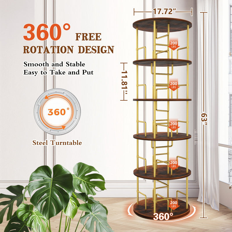 5 Tier 360 Rotating Bookshelf, Display Round Floor Standing Swivel Bookcase For Bedroom - Golden