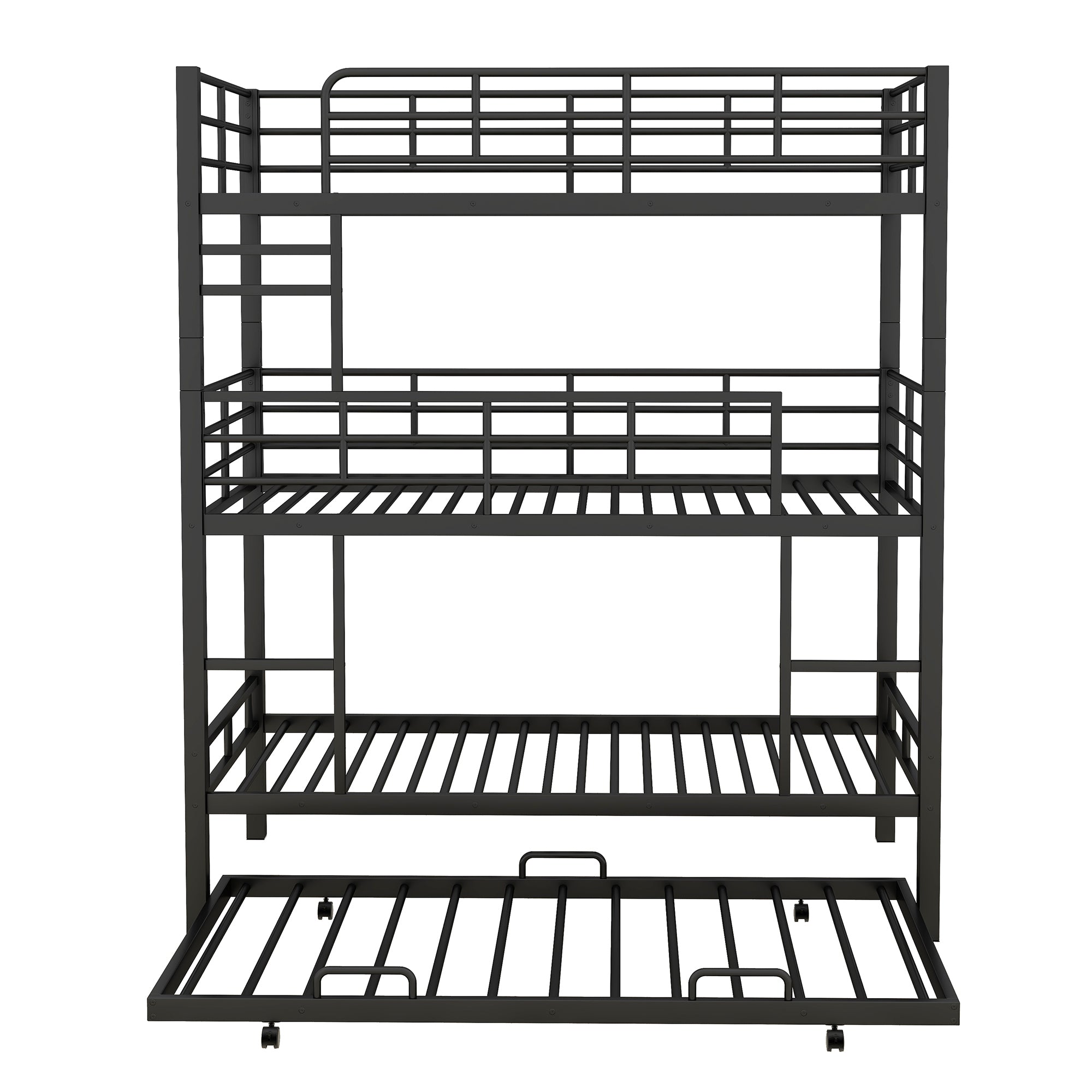 Metal Twin Size Triple Bunk Bed With Trundle, Black
