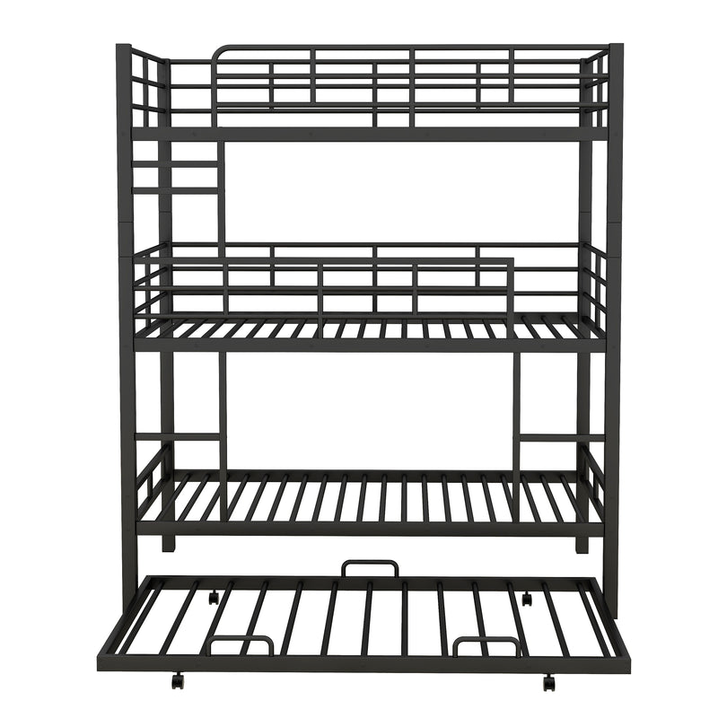 Metal Twin Size Triple Bunk Bed With Trundle, Black